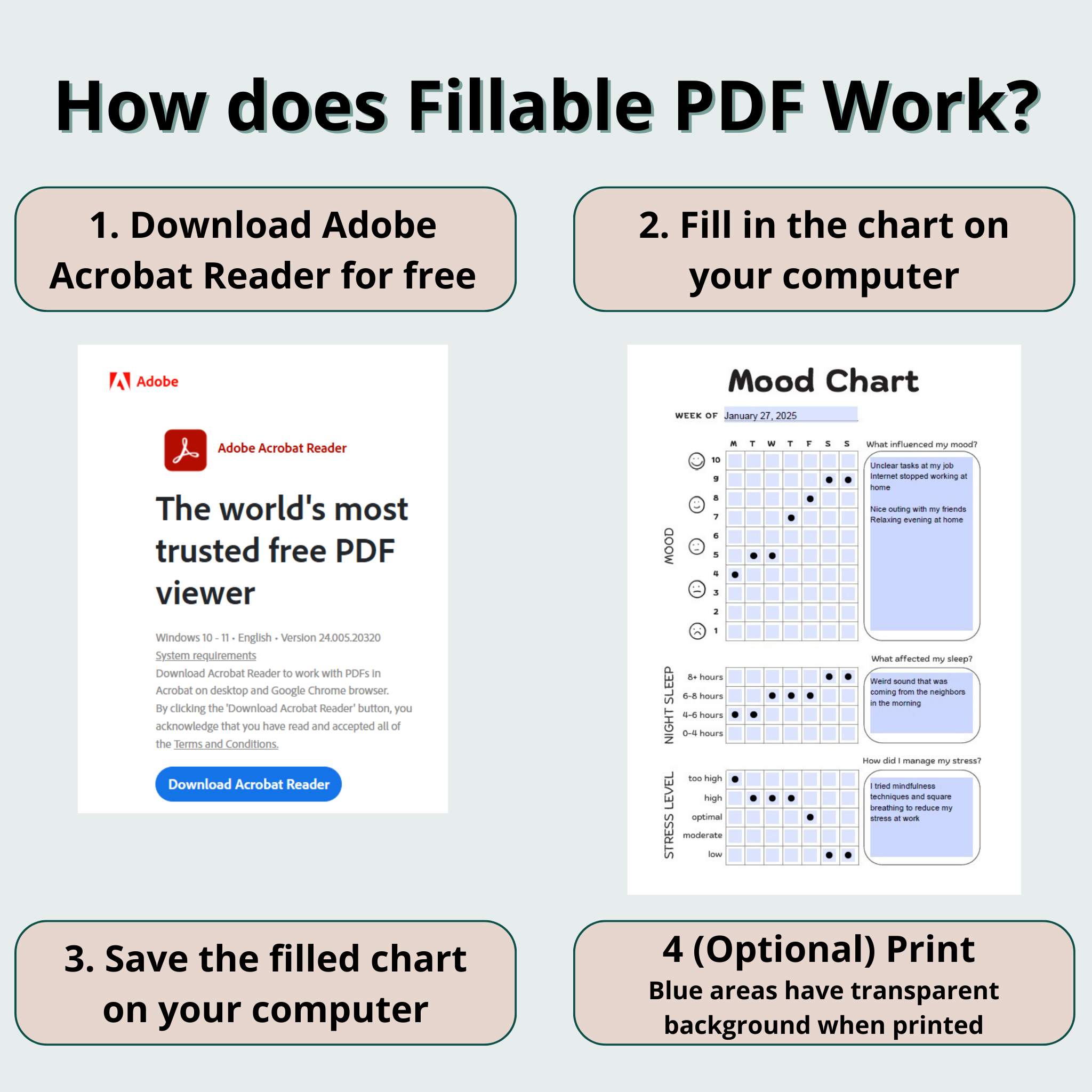 Mood Chart for Adults with Integrated Stress and Sleep Trackers