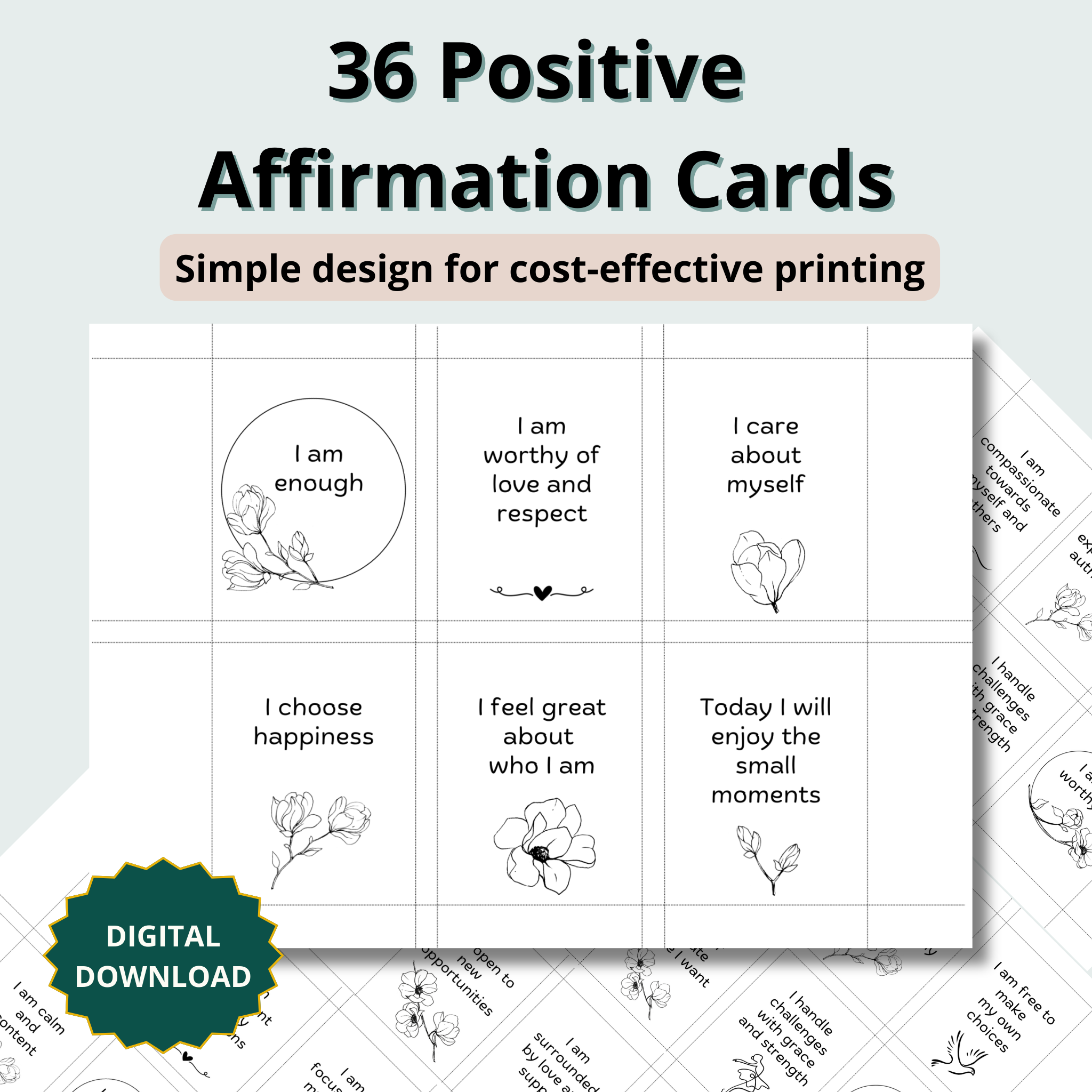 36 Printable Positive Affirmation Cards - Black and White