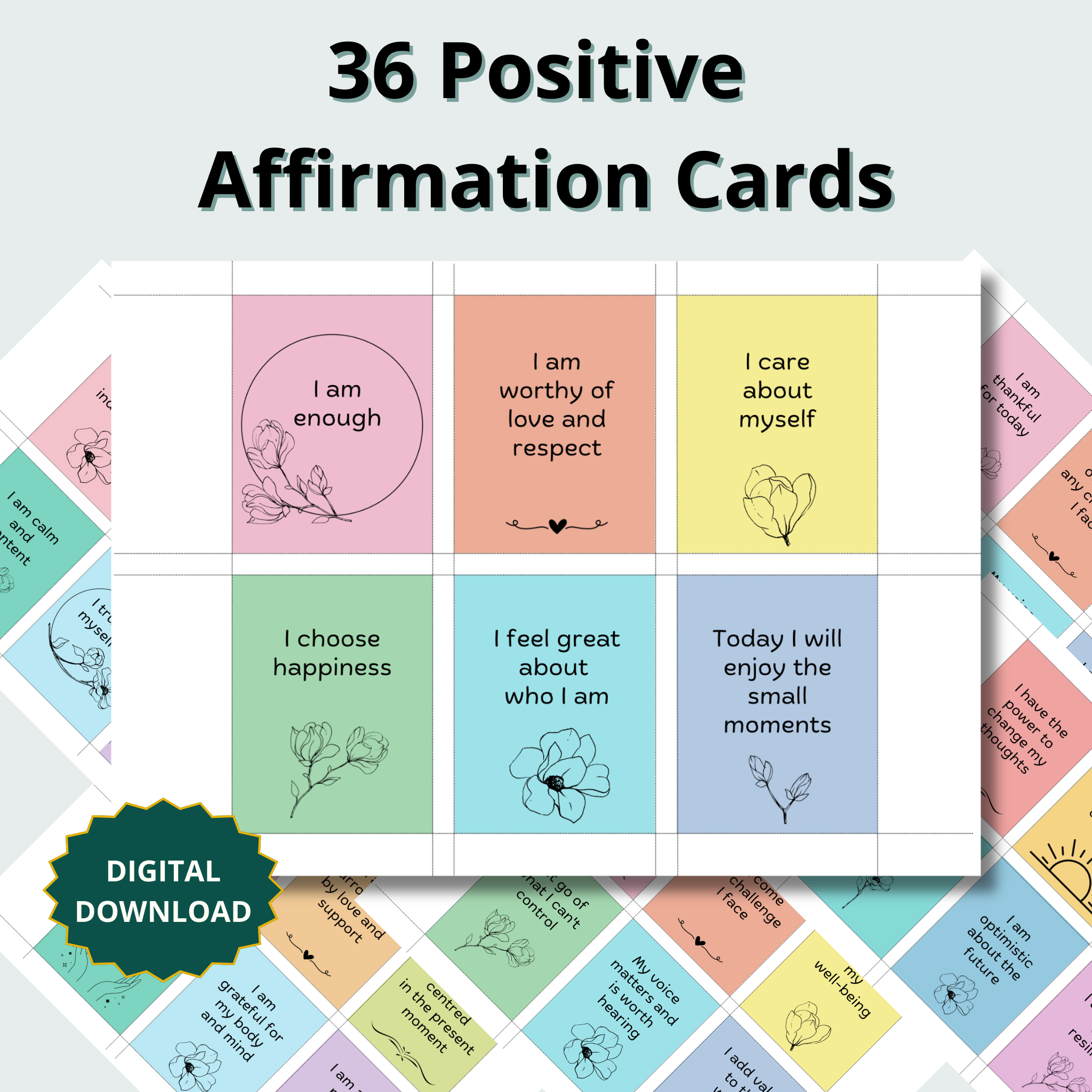 36 Printable Positive Affirmation Cards - Pastel